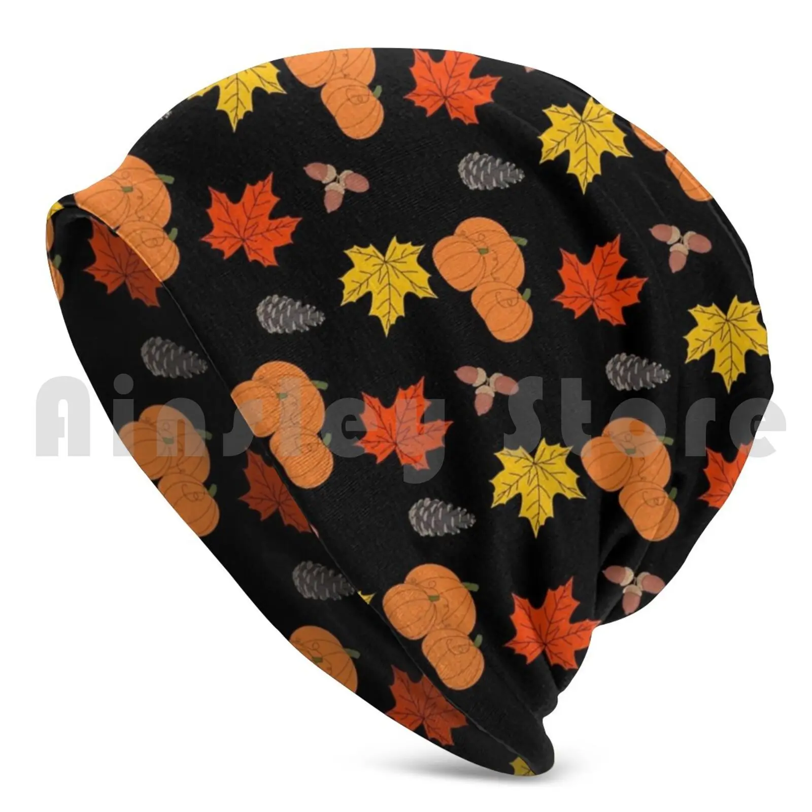 Pumpkins Leaves Acorns Pine Cones Fall Illustration Pattern Beanie Hedging Cap DIY Print Cushion Pumpkins Pattern Autumn