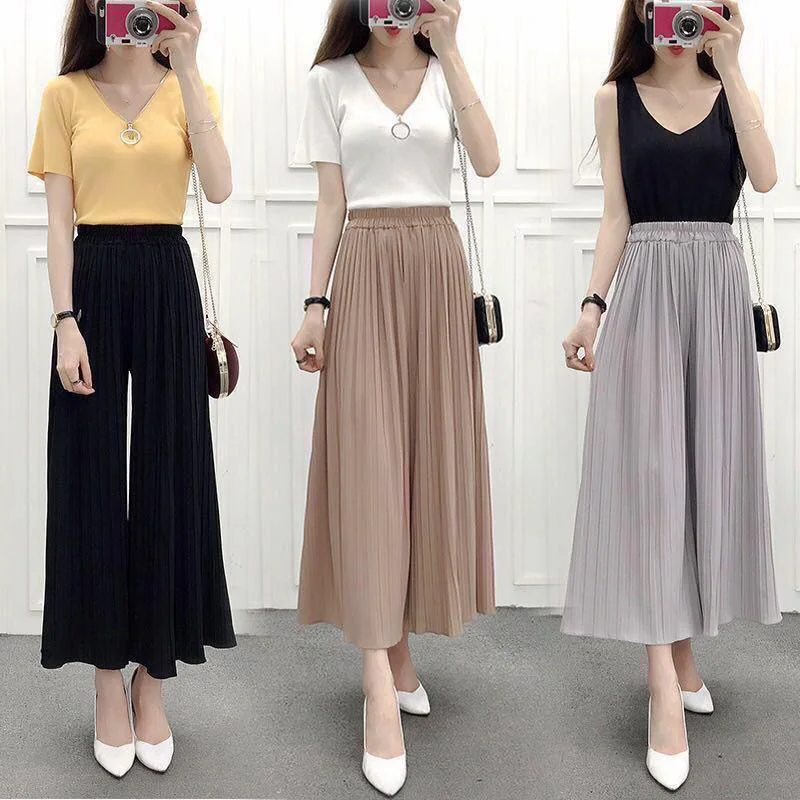 Summer New Wide Leg Pants Women's Casual Loose Chiffon Pleated Skirt Pants Russian Hot Fashion Streetwear Pants For Girls