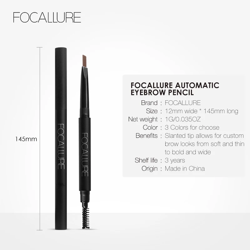 Focallure Waterproof Eyebrow Pencil Black Brown Gray 3 Color Eye Brow Pen with Brush Professional Eyebrow Enhancer