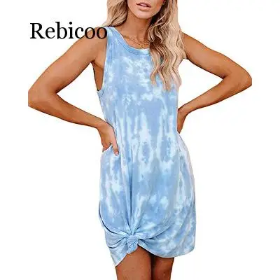 

Rebicoo new summer women's tie-dye printed round neck loose casual dress