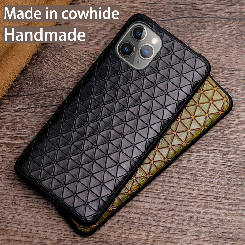 Genuine Leather Phone Case For iPhone 13 Mini 12 Pro For Apple X XS Max XR 6 6S 7 8 Plus SE 2020 Natural Cowhide Triangle Cover