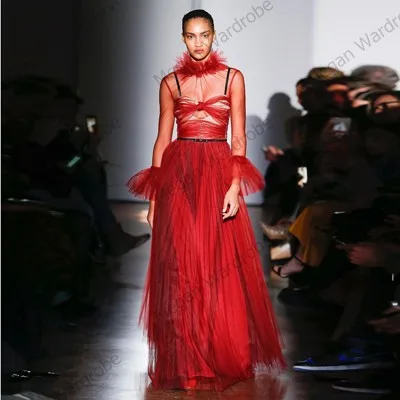 Sexy Red Sheer See Through Tulle Dresses Women Maxi Long Prom Gown Turtleneck Ruffled Tulle Dress Custom Made