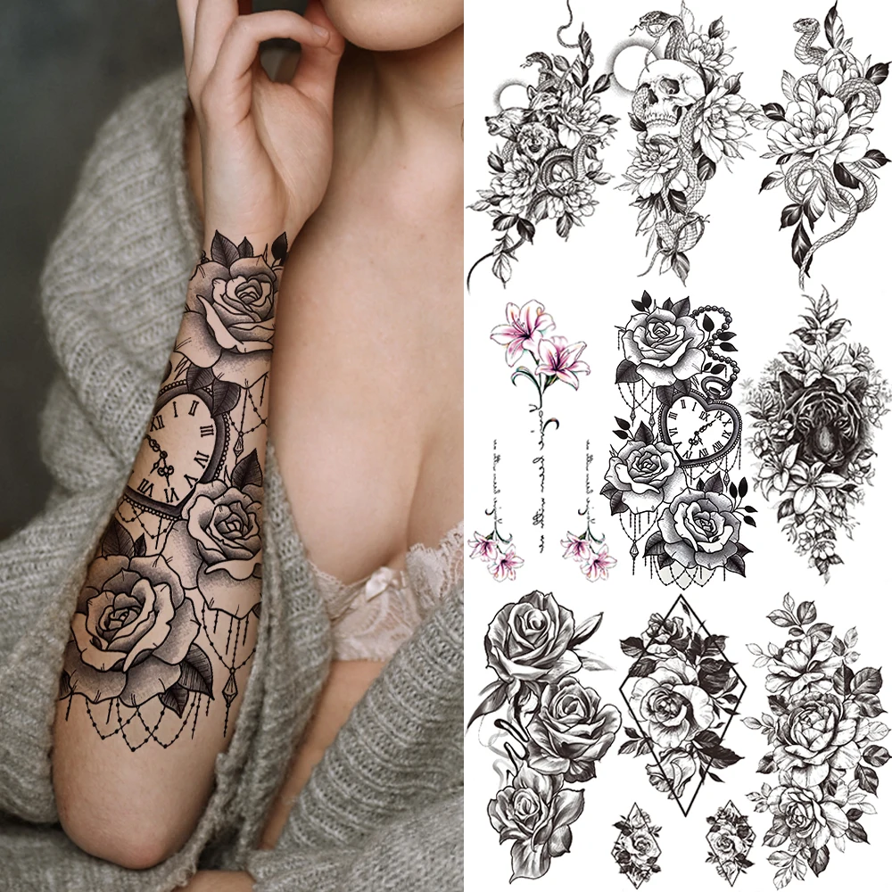 Clock Flower Tattoo Sticker Fake Tiger Lion Deer Snake Temporary Tattoo For Women Kids Black Evil Skull Tribal Totem Tatoo Paper