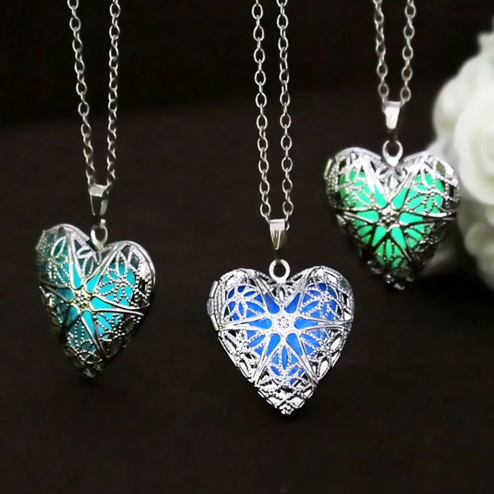 Rinhoo Glow In The Dark Magic Locket Charm Necklace – Heart Pendant, Silver Alloy, 45cm
