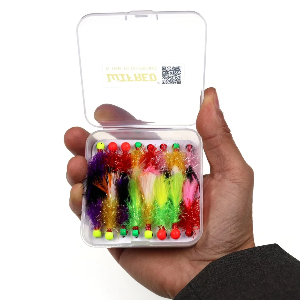 Wifreo 16PCS/Box Mix Mini Marabou Crappie Jig Pan Fish Fishing Jigs Ice Fishing Lures for Bluegill Fishing Hook 6 4 in Lure Box