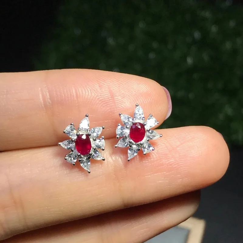 

Fine Jewelry 925 Silver Natural Ruby New Girl Classic Earrings Ear Stud Support Test Style with Box