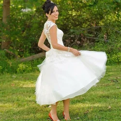 Customized 2025 Vestidos de Novia Pretty Appliques Plus size Tea Length Lace Short A Line Wedding Dresses Garden Bridal Gown