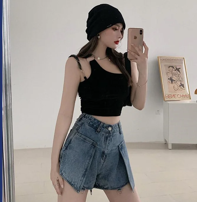 Celana Pendek Denim Berongga Biru Celana Pendek Jeans Pendek Rumbai Sobek Pinggang Tinggi Wanita Musim Panas Celana Kaki Lebar Harajuku