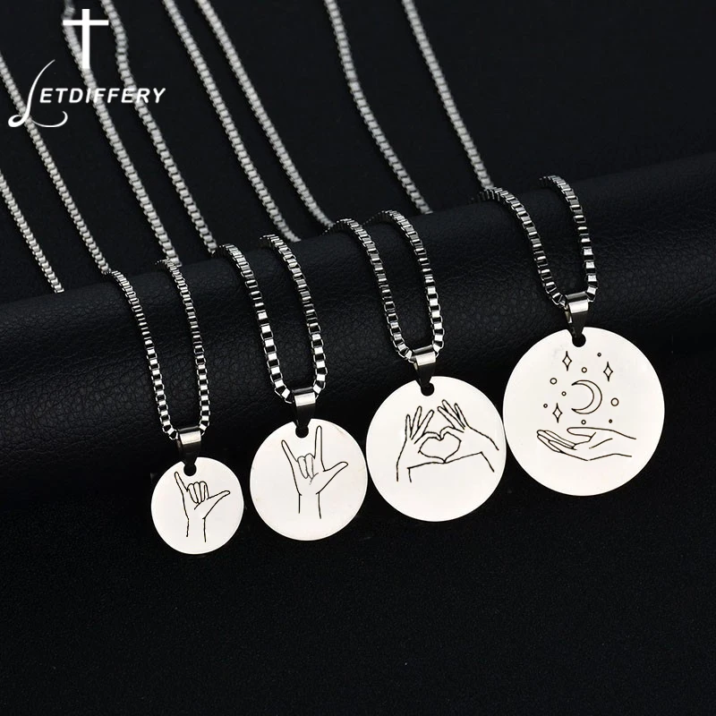 Letdiffery Personalized Gesture Sign Necklaces Stainless Steel Round Tag Necklace Laser Engraved Words Photo Jewelry Men Women