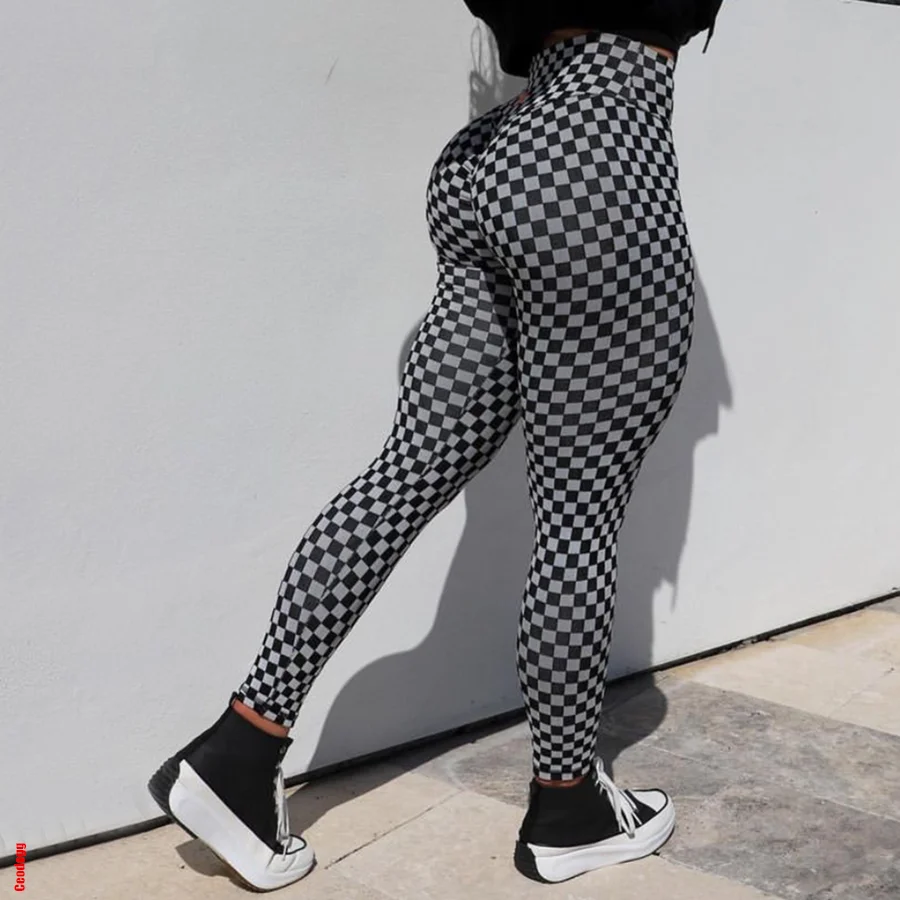 QK 2024 Yoga Leggings Women Sport Fitness Black And White Grid Scrunch Leggings Push Up High Waist Gym Tights Sexy Yoga Pants