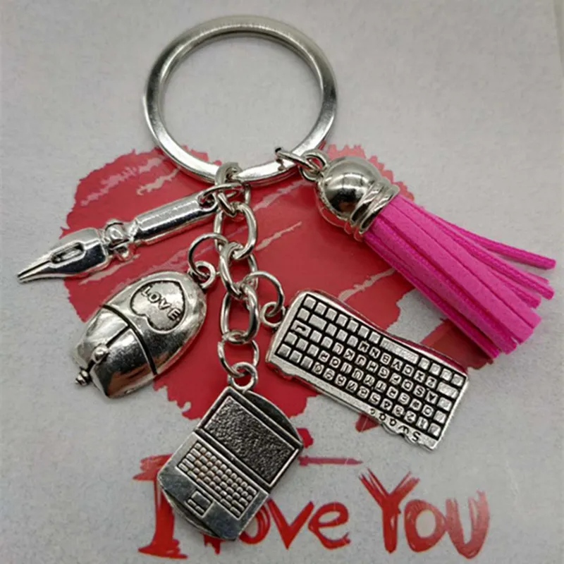 New fashion laptop mouse keyboard keychain charm tassel key ring DIY metal bracket chain jewelry gift