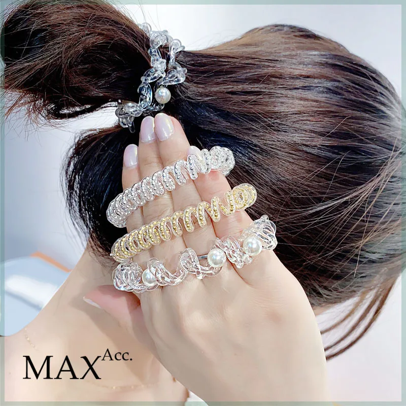 AccMax 3Pcs/Set Women Gold Silver Color Telephone Wire Pearl Twist Braided Rubber Spiral Shape Elastic Hair Band Hair Ties