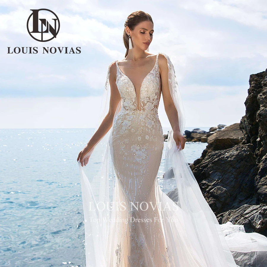 Louis novias-女性の人魚のウェディングドレス,セクシー,スパゲッティストラップ,ホルター,ビーズ,深いVネック,ウェディングドレス