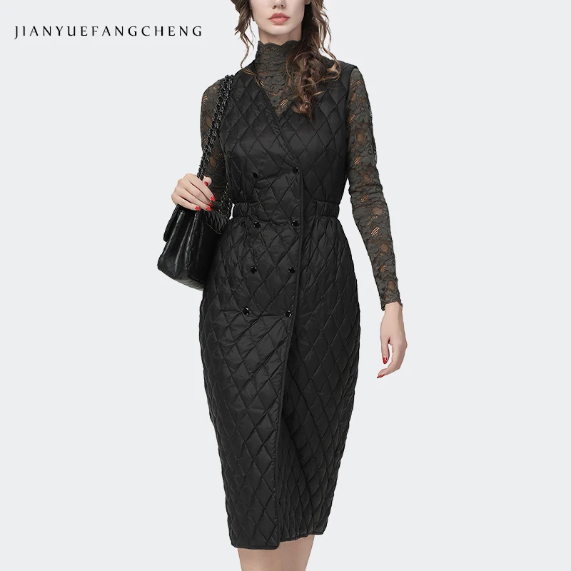 Down Jacket Dress Women\'s Mid-Length Sleeveless Vest Dress 2021 Winter New Style Black White Duck Down Lightweight Vest Dresses