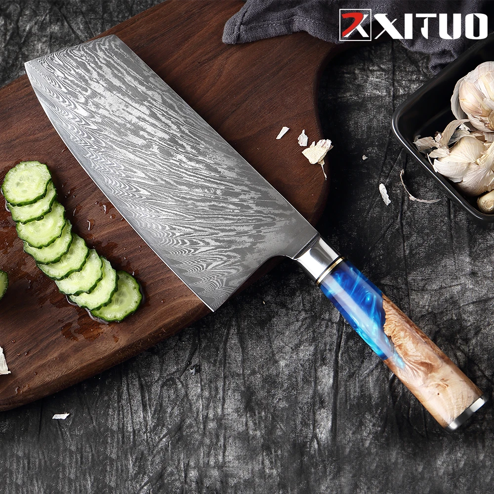 

XITUO 67 Layers Japanese Damascus Steel VG10 Chef Knife Cleaver Kitchen Knife Blue Resin Color Wood Handle Home Cooking Tools