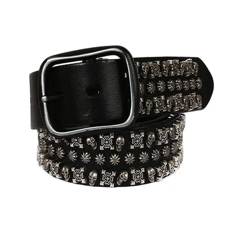 

Punk Rock Style New Collection 2019 Mens Brand Belts For Men top cowskin Genuine leather with skull Metal Rivet