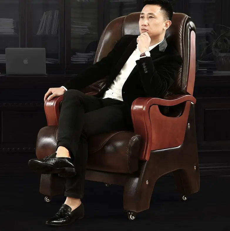 

Boss chair leather reclining solid wood office chair computer chair home massage chair executive chair study seat turn chair