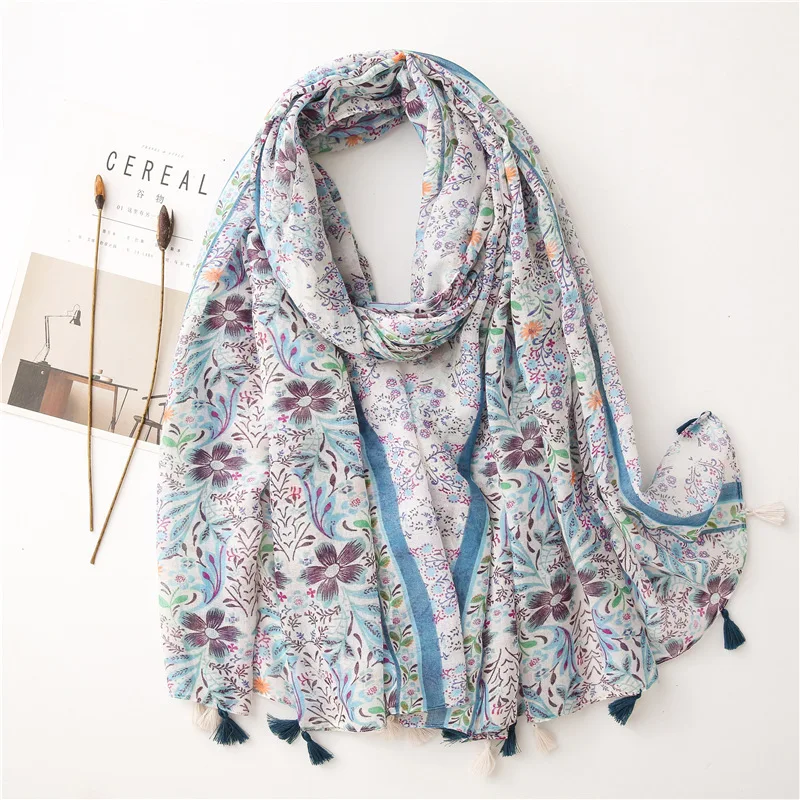 34 Colors Fashion Blue Luxury Floral Tassel Viscose Shawl Scarf Lady Print Soft Wrap Snood Bufandas Mujer Muslim Hijab 180*90cm