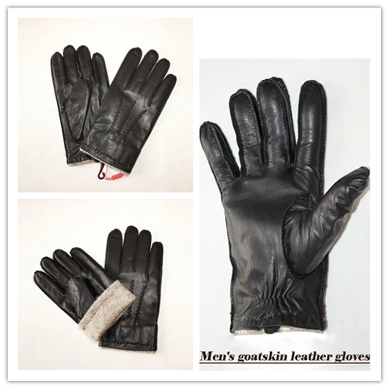 Guantes de piel de oveja de cuero para hombre, guantes de piel de cabra importada de alta gama, estilo de costura exterior, forro de lana, guantes