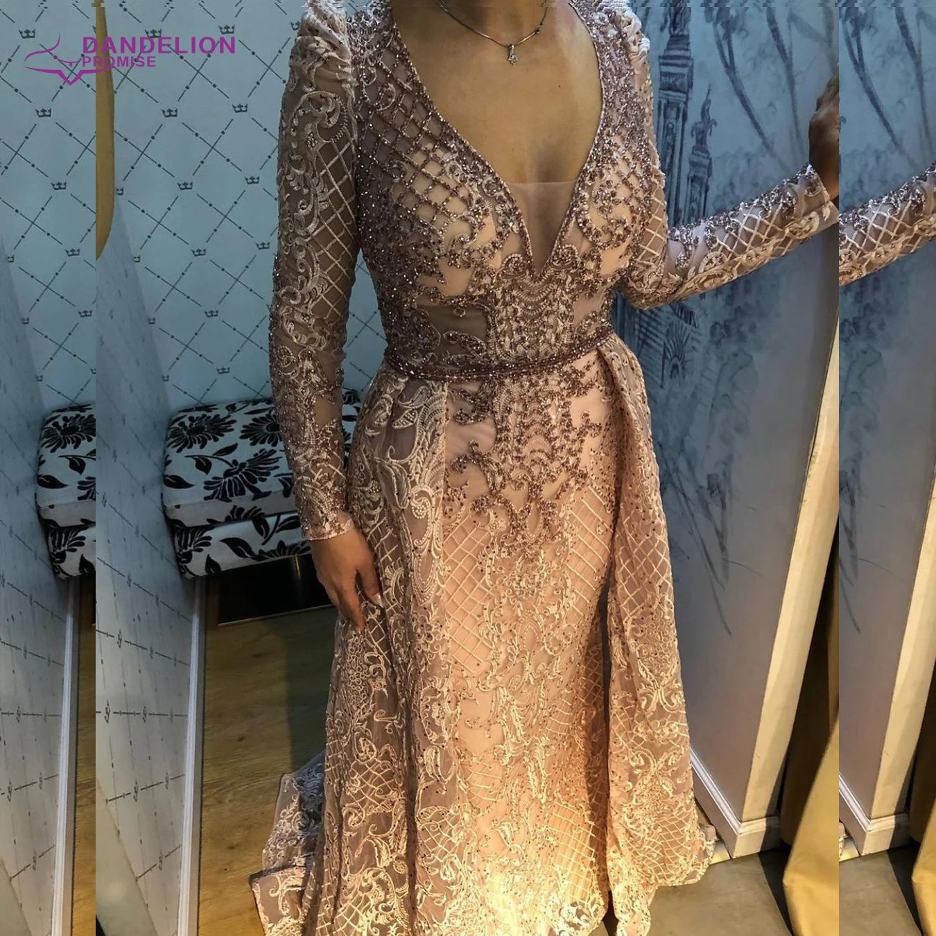 Luxury Dubai Evening Dresses Long Sleeves V Neck Sheer Top Beaded Prom Dress 2020 Handmade Formal Party Gowns