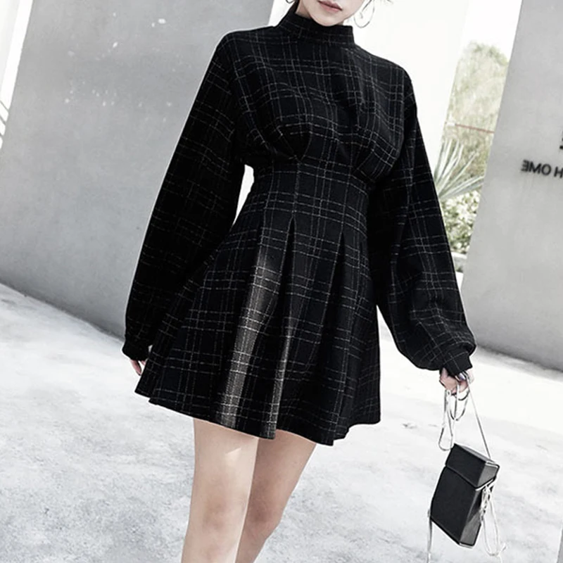 2024 Retro Vintage Rockabilly Dress 50s 60s Long Sleeve England Style Plaid Print Swing Pin Up Gothic Black Casual Women Dresses