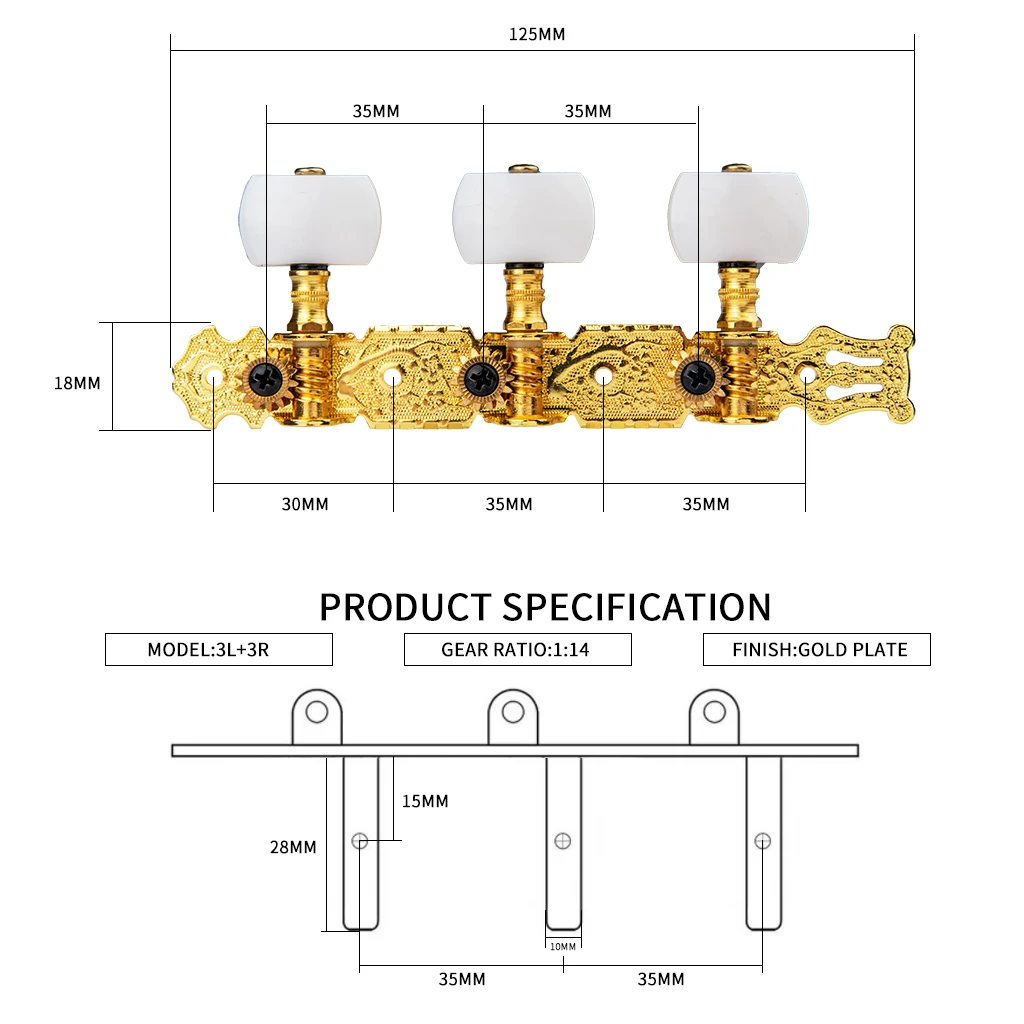 NAOMI Alice AO-020B1P 2 Plates Classical Guitar Tuning Key/Pegs (3L+3R) Golden Plated Machine Head 1:14 Gear Ratio