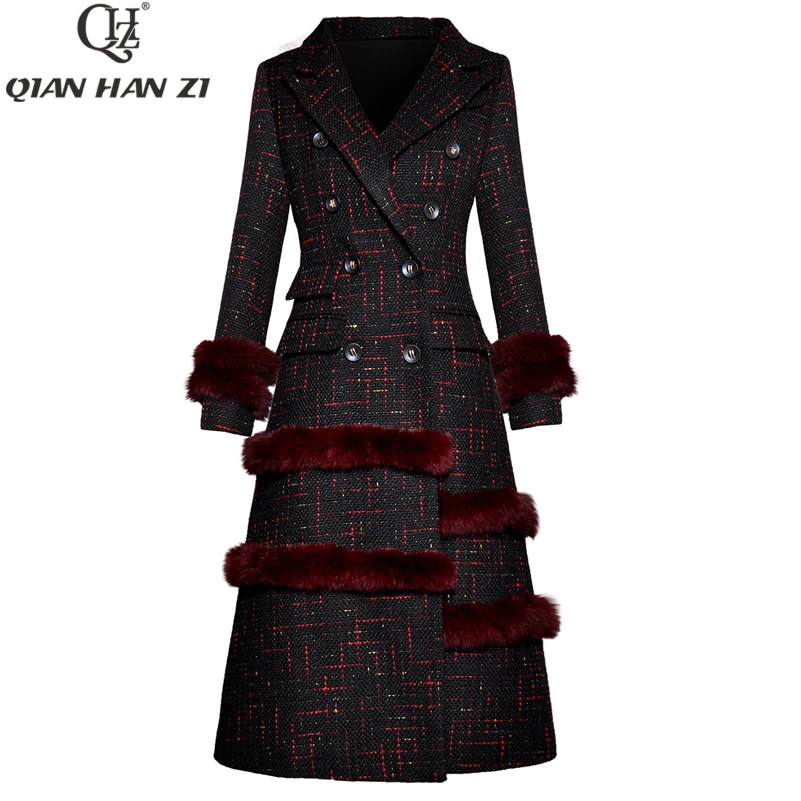 

Qian Han Zi 2020 designer long winter coat Women's Long Sleeve Slim Rabbit fur Double Breasted Fashion Jacket Warm Overcoat