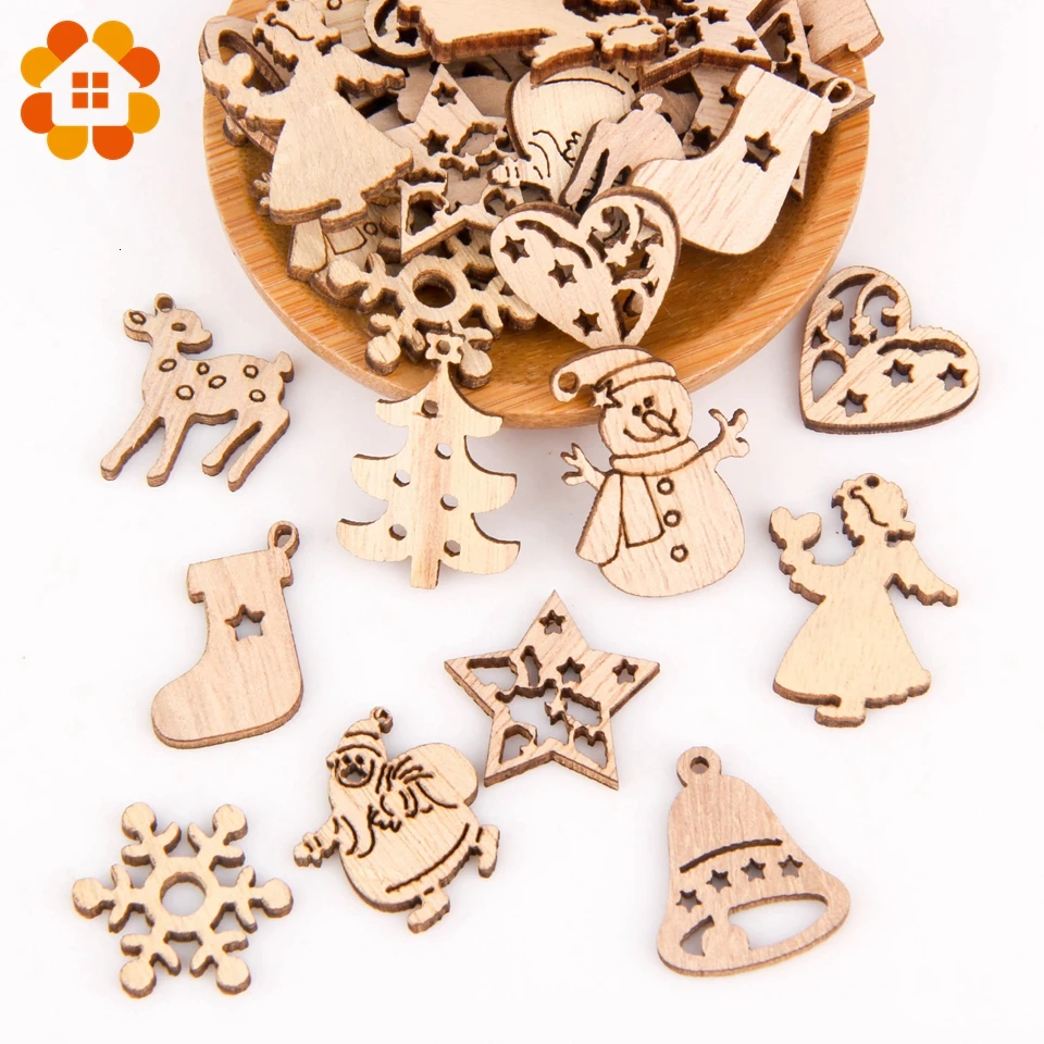 50pcs Multi Styles Creative Wood Chips Pendants Christmas Series Decorations Heart Star XMAS Tree Ornaments Wooden Crafts Decor