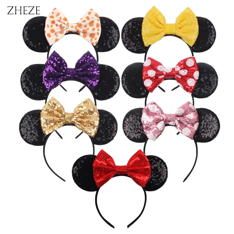 

10Pcs/Lot Black Sequins Mouse Ears Headbands 5" Bow Birthday Party Hairband For Girls DIY Hair Accessories Wholesales