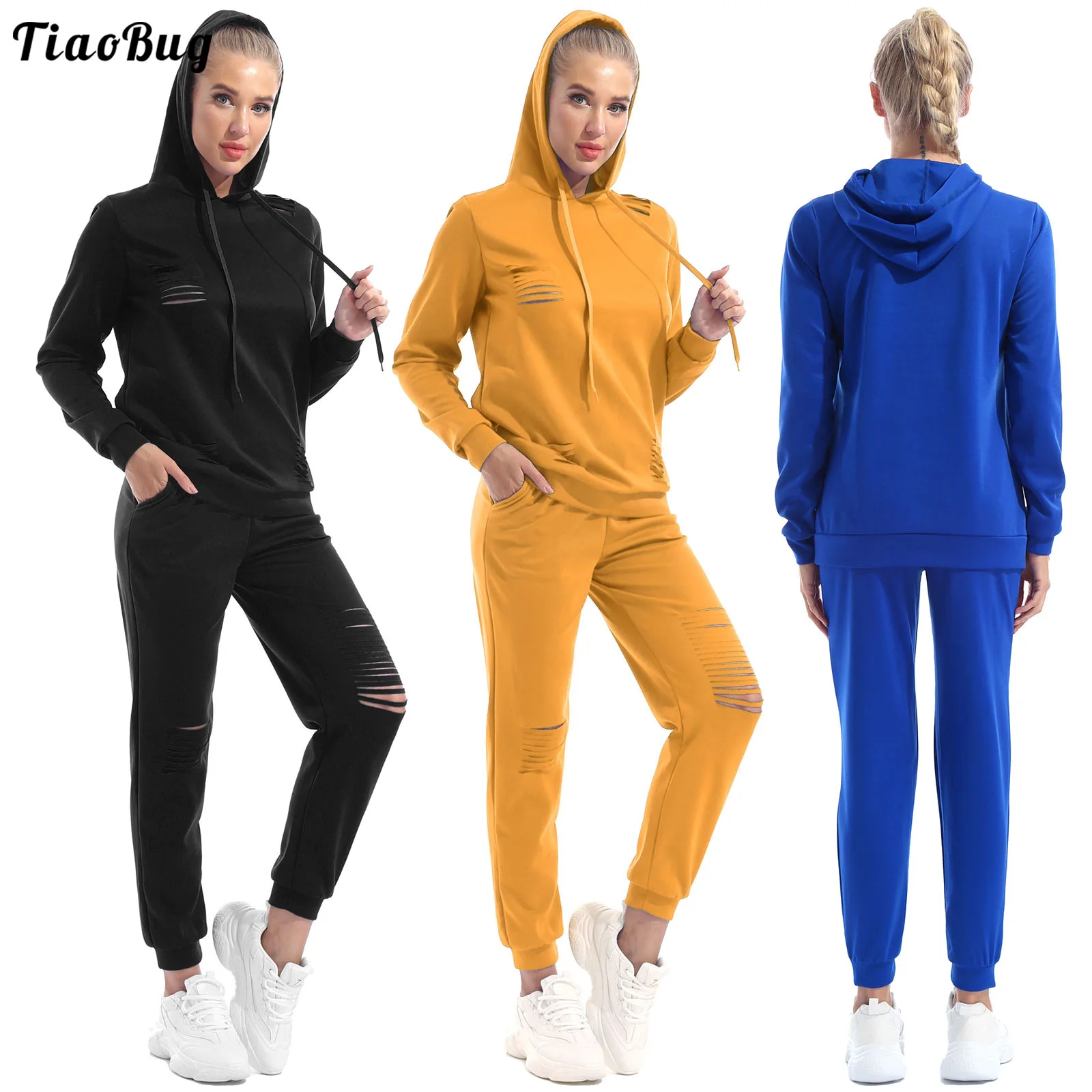 Spring Summer Autumn Women Casual 2Pcs Pure Color Sportswear Hooded Hoodie Long Sleeves Ripped Sweatshirt Top Pants Running Set