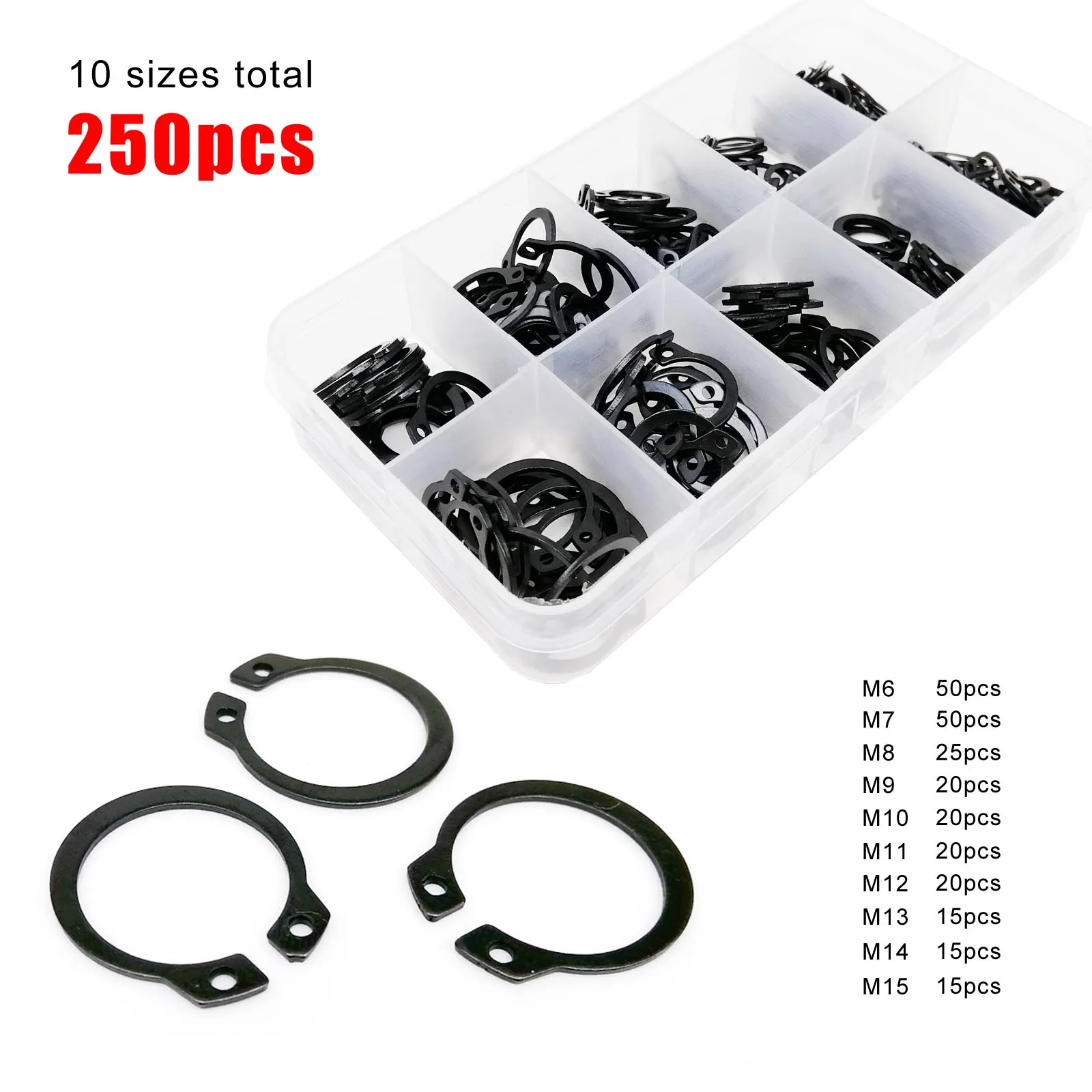 250/500pcs Assortment Kit Set 5-20mm GB894 Black 65mn Steel Retaining Clip Snap Ring C Type External Circlip for Bearing Shaft