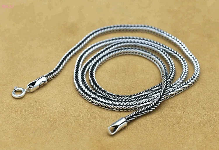 100%S925 Sterling Silver Jewelry Thai Silver Style Woven Flat Chain Mechanism Foxtail Necklace 3mm