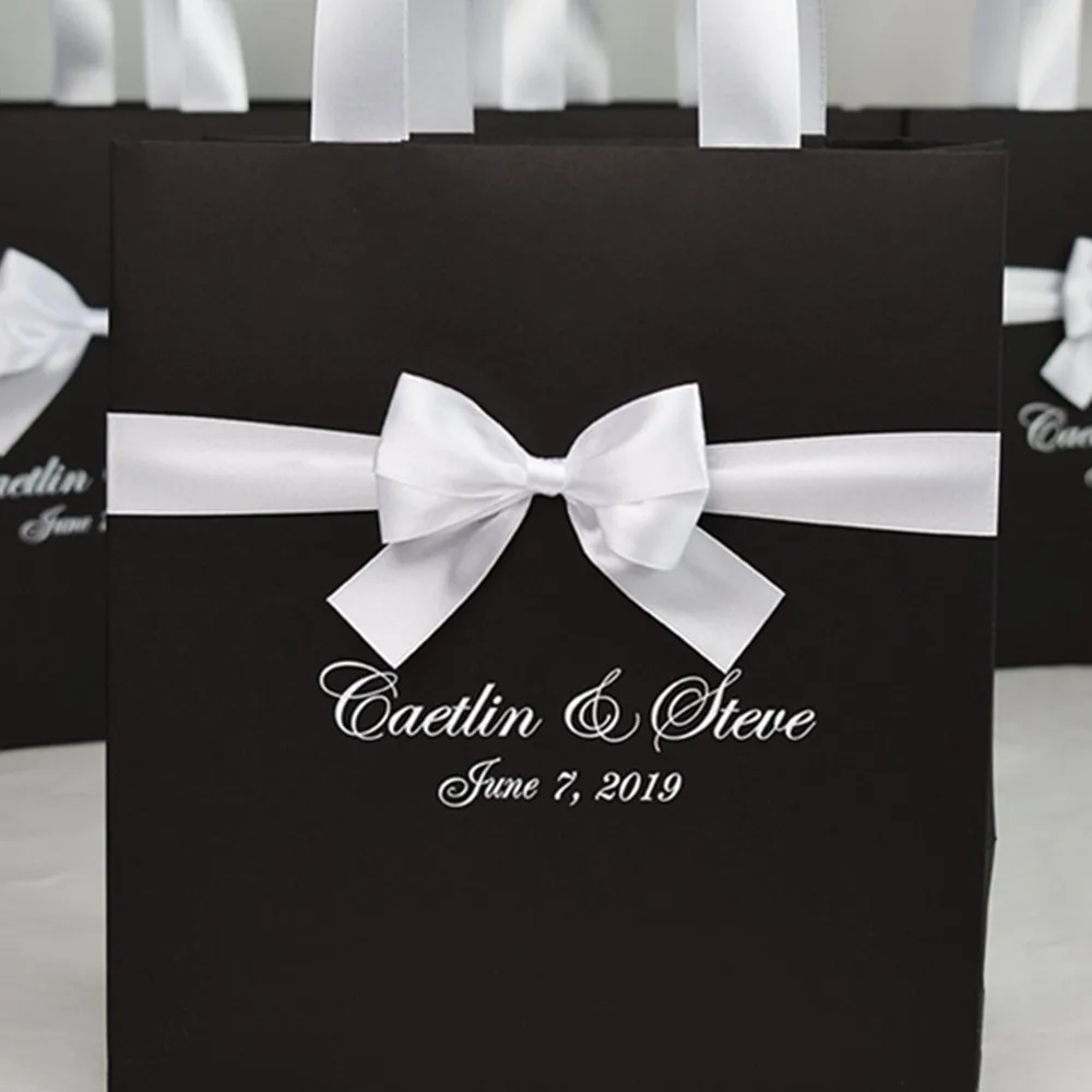 Personalized  Chic Wedding Welcome Bags with satin ribbon  bow and your names, Elegant gift bag for wedding favor for  guests