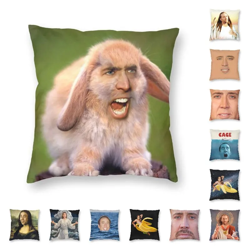 Nicolas Cage Rabbit Pillowcase Home Decor Square Funny Meme Cushions Throw Pillow for Sofa Double-sided Printing