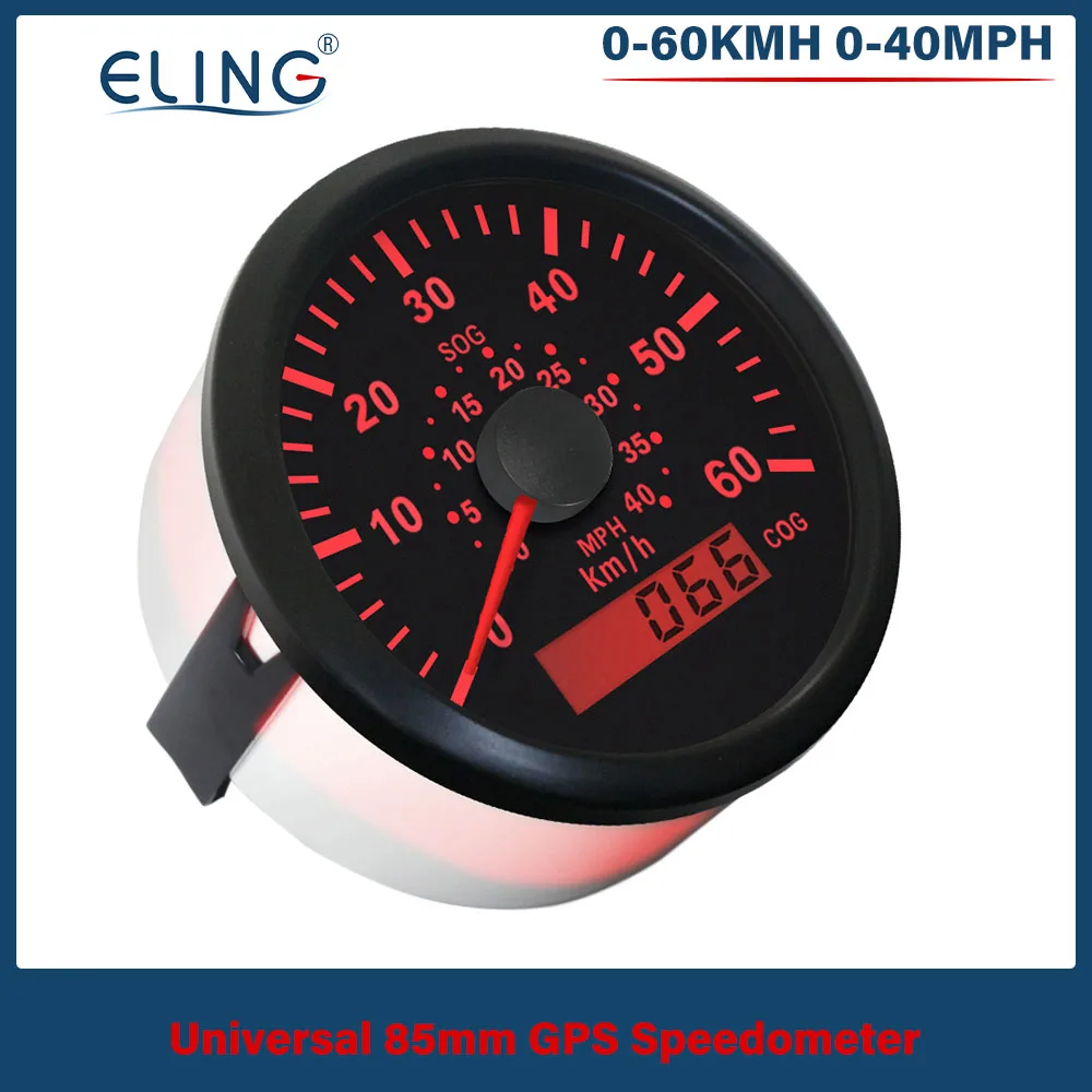 ELING 85mm (3 3/8'') 0-40MPH 0-60KM/H Speedometer GPS 12V 24V with Red Backlight for Marine Boat Vessels Yachts Universal