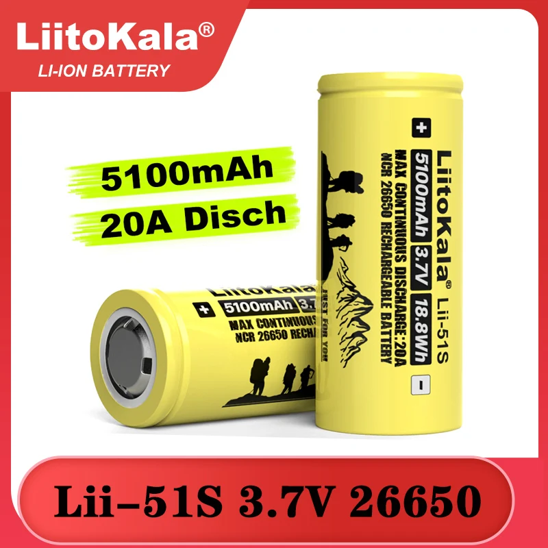 

1-10PCS Liitokala LII-51S 26650 20A power Rechargeable lithium battery 26650A 3.7V 5100mA Suitable for Flashlight batteries