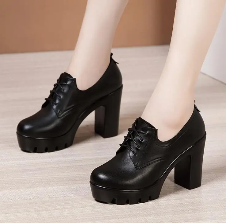 Women Pumps Shoes Deep Mouth Pointed Toe Leather Shoes Spring Autumn Black High Heels Fashion Lace up Office Shoes Ankle Boots