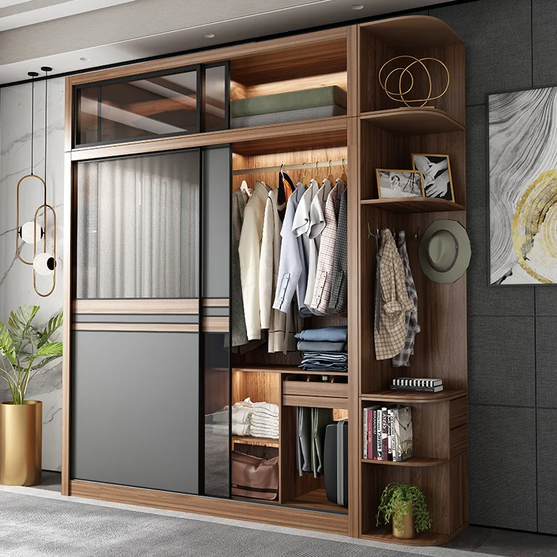 Sliding door wardrobe Modern home bedroom solid wood glass sliding door assembly overall wardrobe