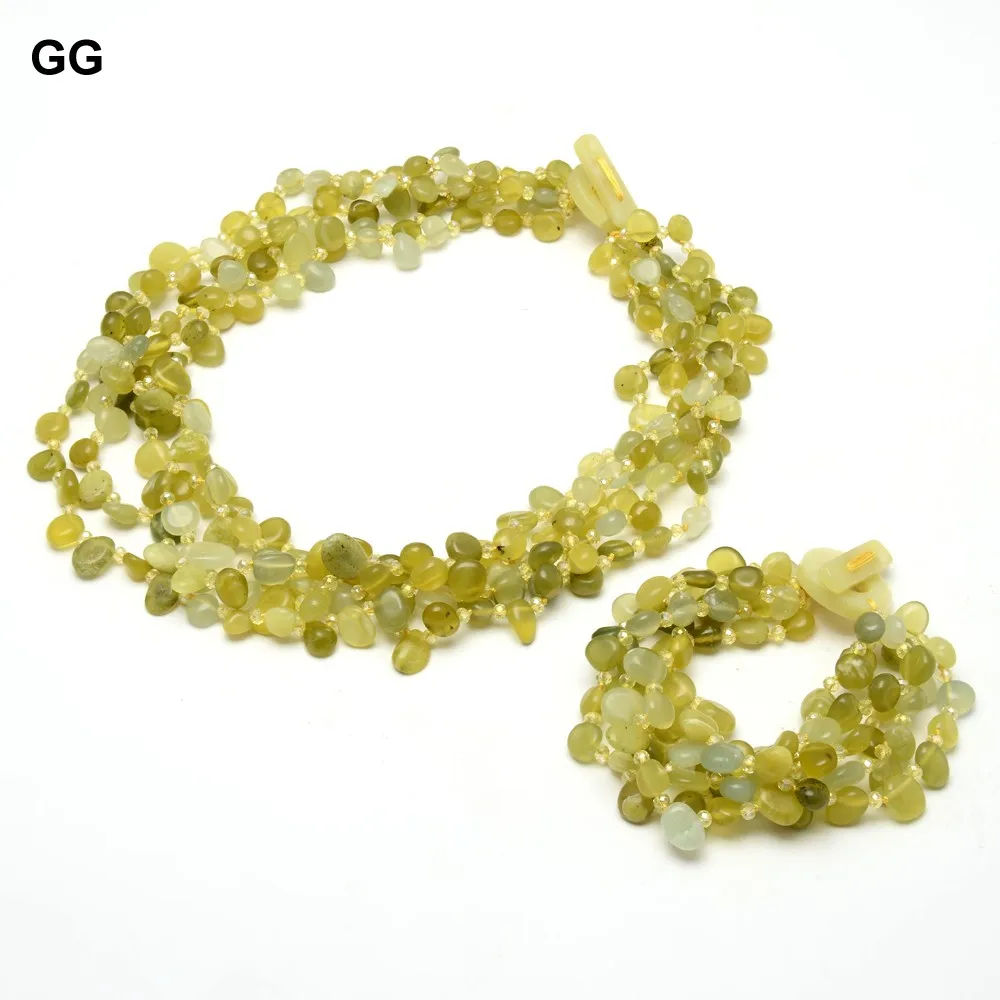 

GG 20" 5 Strands Natural Green Jade Top-drilled Fancy Polished Necklace Bracelet Sets Handmade For Women