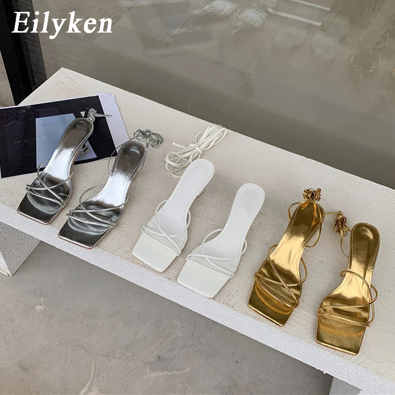 Eilyken Fashion Gold Silver Sandals Thin Low Heel Lace Up Rome Summer Gladiator Women Casual Narrow Band Shoes