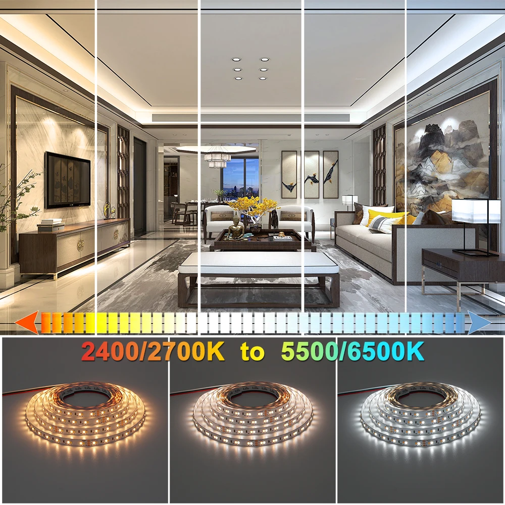 High Power 2835 WWCW LED Strip Lights,120LEDs/m,IP20,CRI95/90,19.2W 28.8W/m,CCT Color temperature adjustable LED,DC12/24V