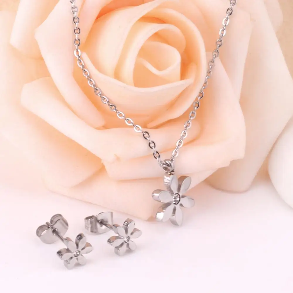LUXUSTEEL Trendy Gold Color Flower Pendant Necklace & Earrings Set