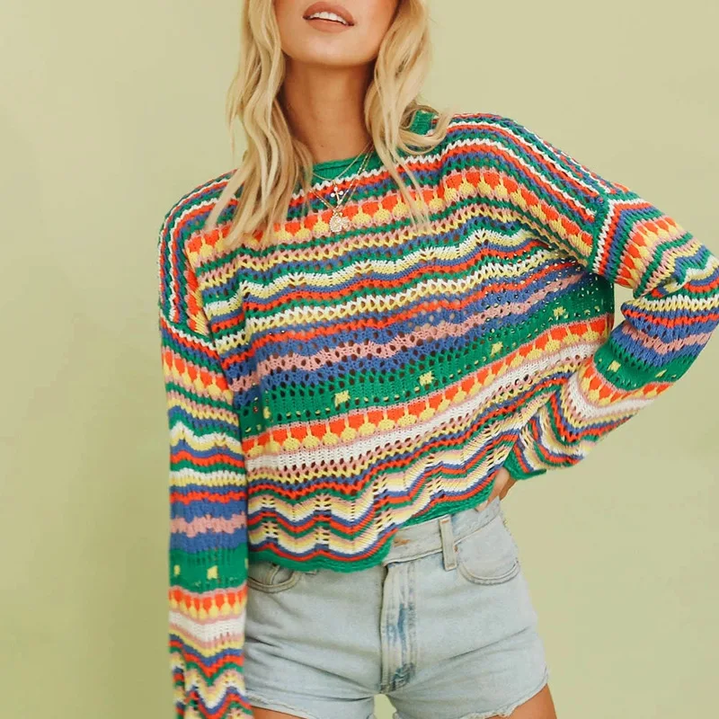 Puloru Vintage 90s Striped Sweaters Women Casual Knitted Crochet Jumpers Fall Spring Chic Long Flared Sleeves Pullover Tops