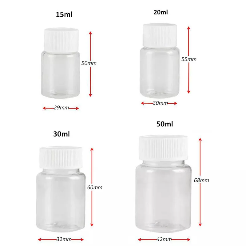 100Pcs Refillable Plastic PET/PE Seal Bottles 15ml 20ml 30ml 50ml Clear Vials Reagent store Container Plastic Screw cap 100pcs