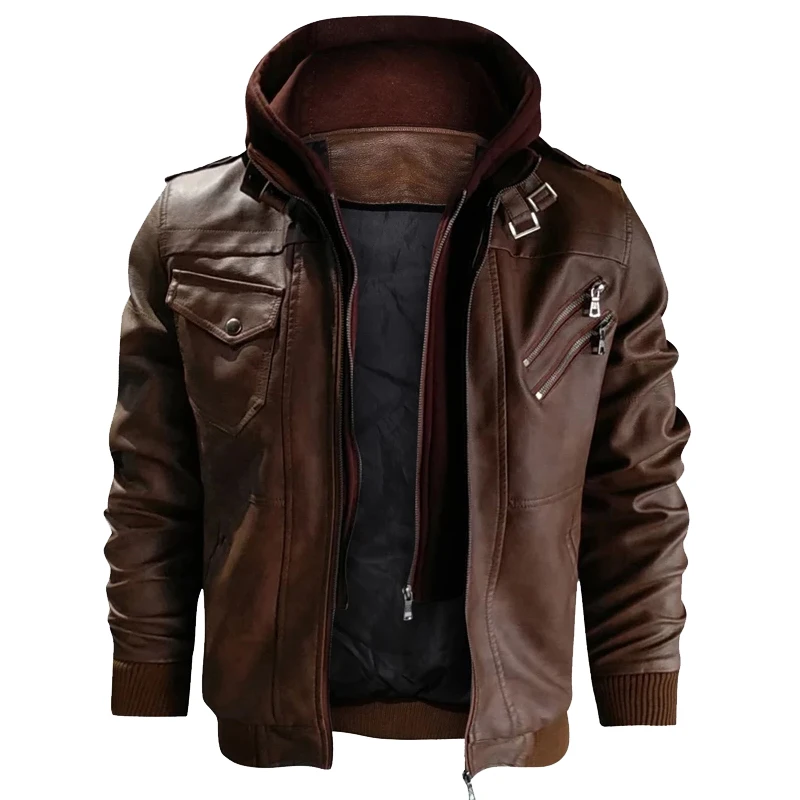 

Men's Winter Thick Leather Jacket Motorcycle Hood Outwear Coat Man Fleece Warm Casual Leather Jackets Male Bomber Windbreaker