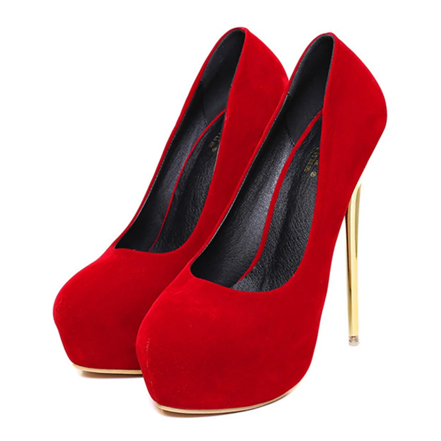 

Women Red Wedding Shoes Autumn Fashion Platform Shallow Female Pumps Soft Flock Round Toe Super High Heels Party Shoe Size 41-47