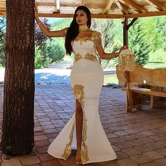 Eightale White and Gold Evening Dresses High Neck Side Split Appliques  Mermaid Arabic Party Prom Gown vestido festa longo - AliExpress