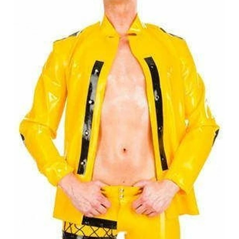 Yellow And Black Sexy Latex Jacket With Buttons At Front Trims At Elbow Rubber Coat Top YF-0307