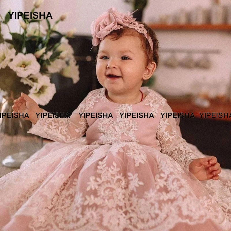 Yipeisha vestido de primeira comunhão com flores rosas, vestidos para meninas, com manga longa, renda para baile de primeira comunhão, vestido infantil