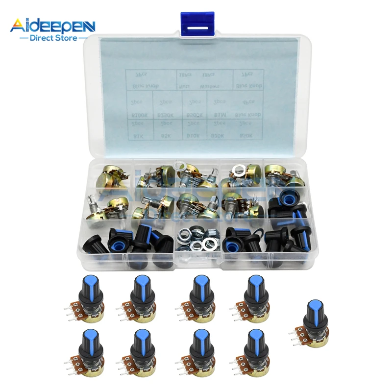18ชิ้น/ล็อตWH148 Single Potentiometer Kit 1K 5K 10K 20K 50K 100K 250K 500K 1M Rotary Potentiometerตัวต้านทานชุด3 Pinกับหมวก